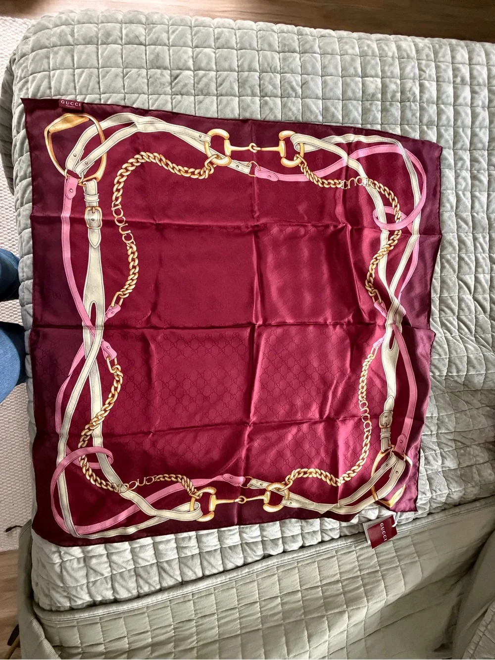 Gucci Burgundy Silk Scarf with Pink & Gold Chain Motif